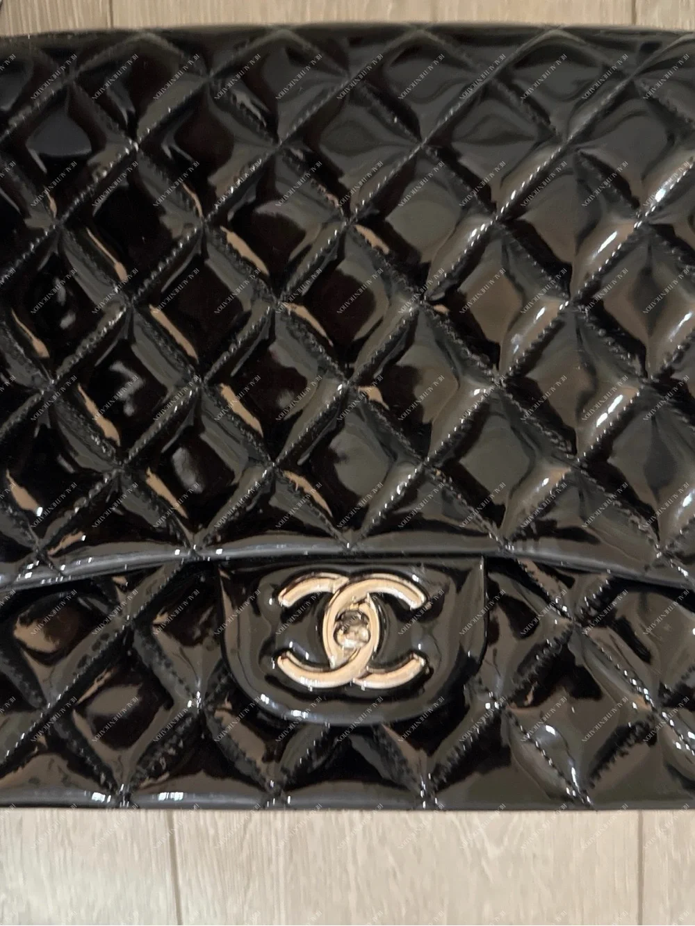 Chanel Black Quilted Patent Leather Jumbo Classic Flap Bag